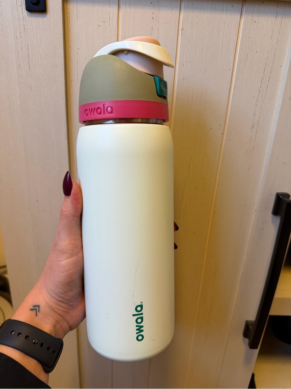 Owala Insulated Cream Water Bottle with Olive and Pink Accents